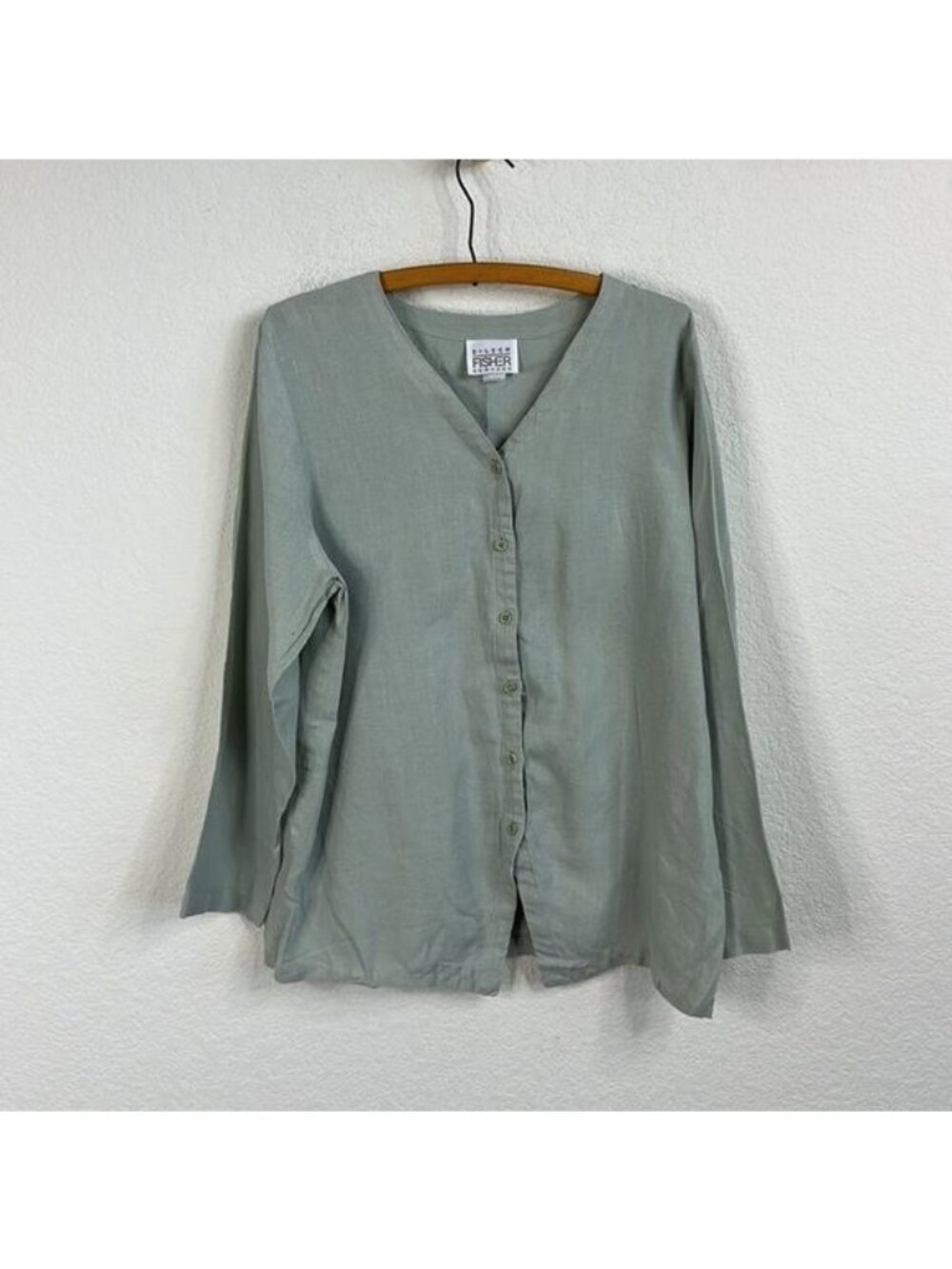 Eileen Fisher Irish Handkerchief Linen Mandarin Collar Long Shirt